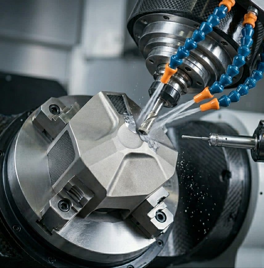 5-axis machining of an aerospace component under coolant.